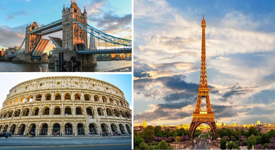 Collage ciudades Paris Roma Londres